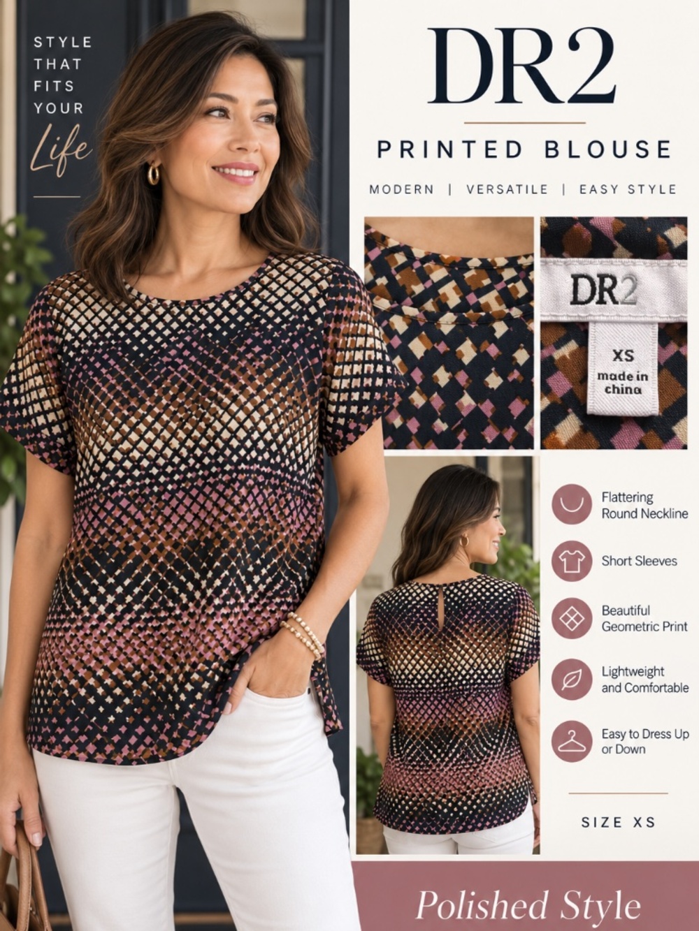 DR2 Geometric Print Blouse Size XS Navy Mauve Brown Short Sleeve Top